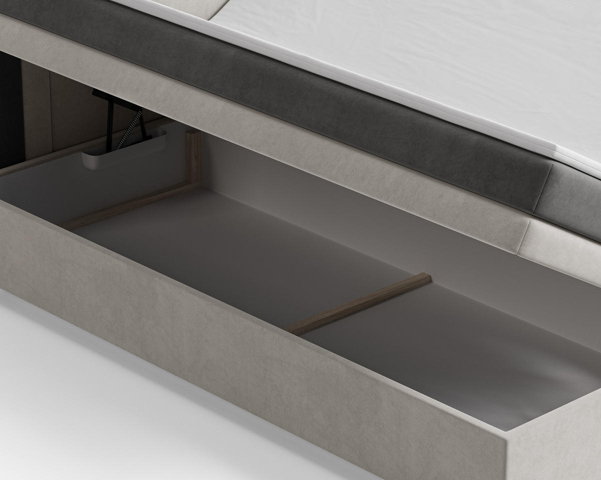 BOXBETT - Bett 10 NEST - Riviera - 140x200 cm - Modernes Polsterbett mit Bettkasten - Grau, Holz (140/200cm) - ROYAL24_MARKT