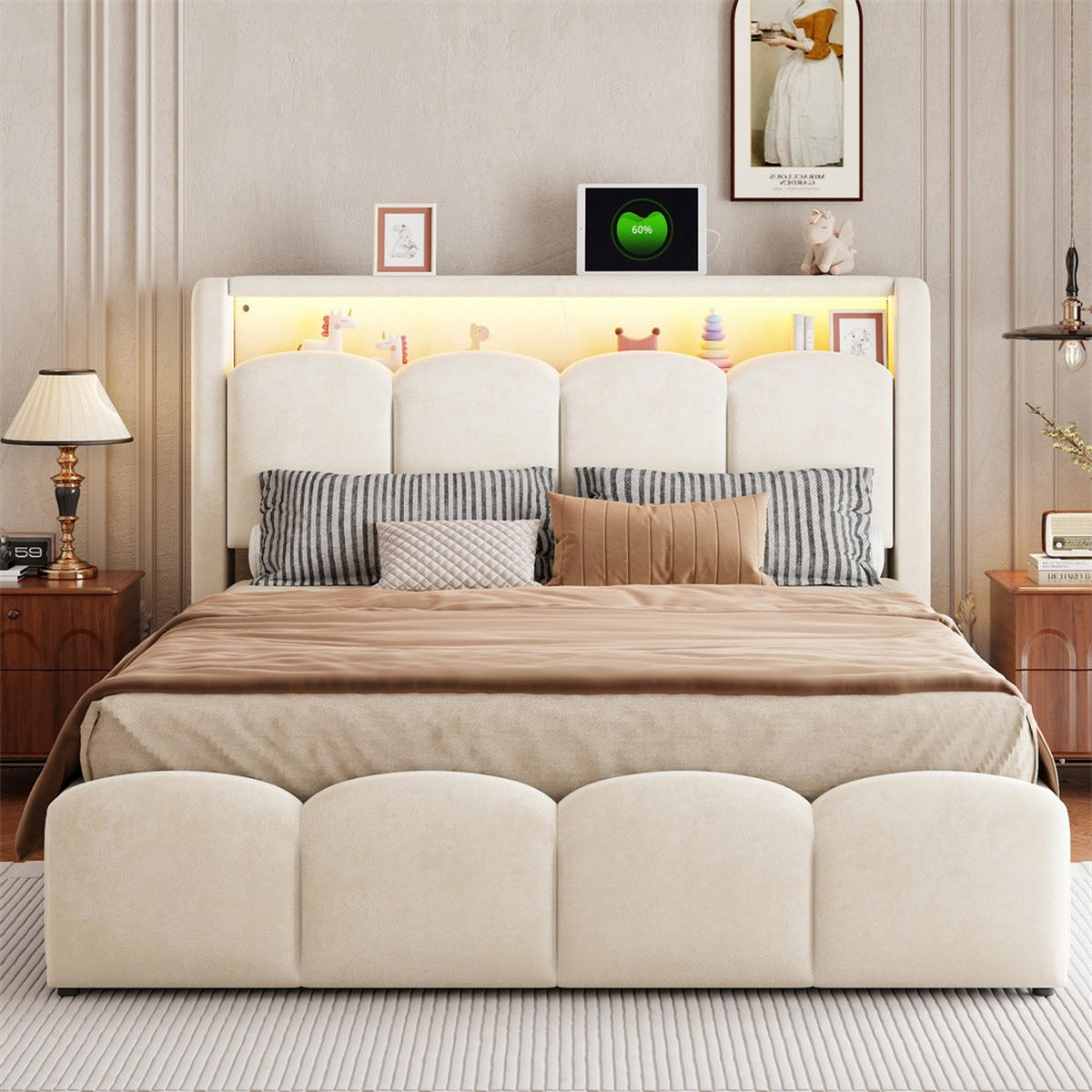 POLSTERBETT 140x200 cm mit KopfteilStauraum & hydraulischem Stauraum - USB und Type-C & LED - Beige - Beige, Textil (140/200cm) - DELFA