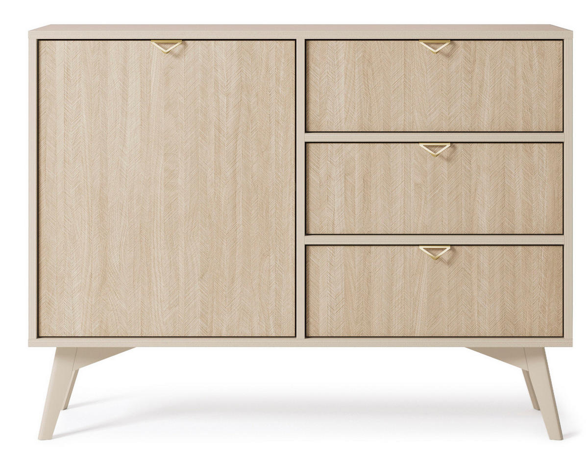 KOMMODE Silva 106 cm in Sandbeige + Scandi-Fischgrätmuster mit Türen und Schubladen - Beige/Goldfarben, Holz/Holzwerkstoff (106/81/38cm) - Ravio