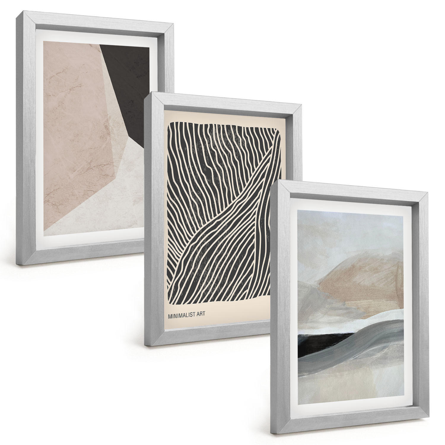 BILDER SET 3er Set - 20x30 cm Silberner Rahmen - Abstrakte Muster in Beige und Grau - Silberfarben, Kunststoff (20/30cm) - TULUP