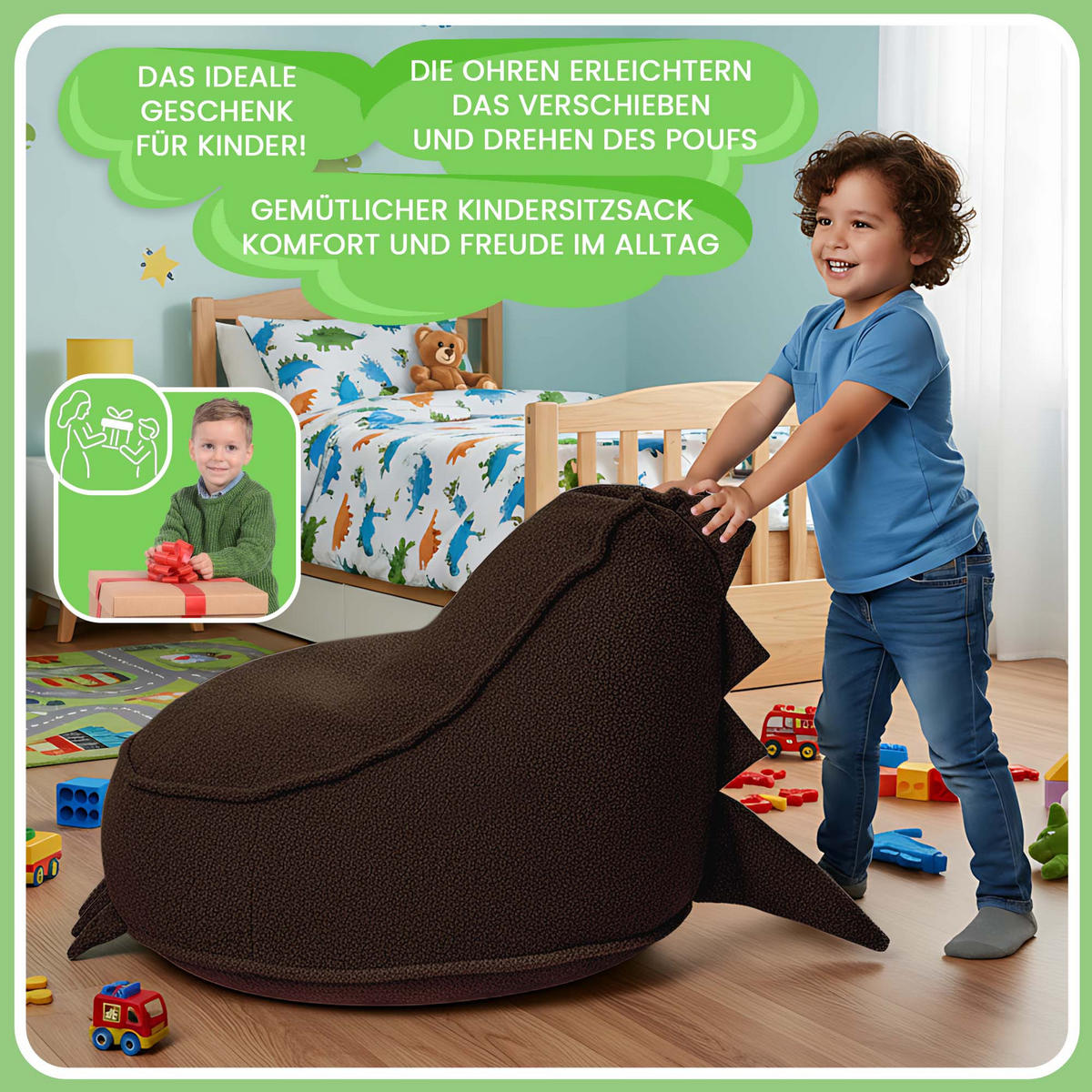 SITZSACK FÜR KINDER Dino 75/75/55 cm, weicher Bouclé 315 g/m², abnehmbarer Bezug, Cocoa Brown - Dunkelbraun, Textil (75/55/75cm) - Dreamroots