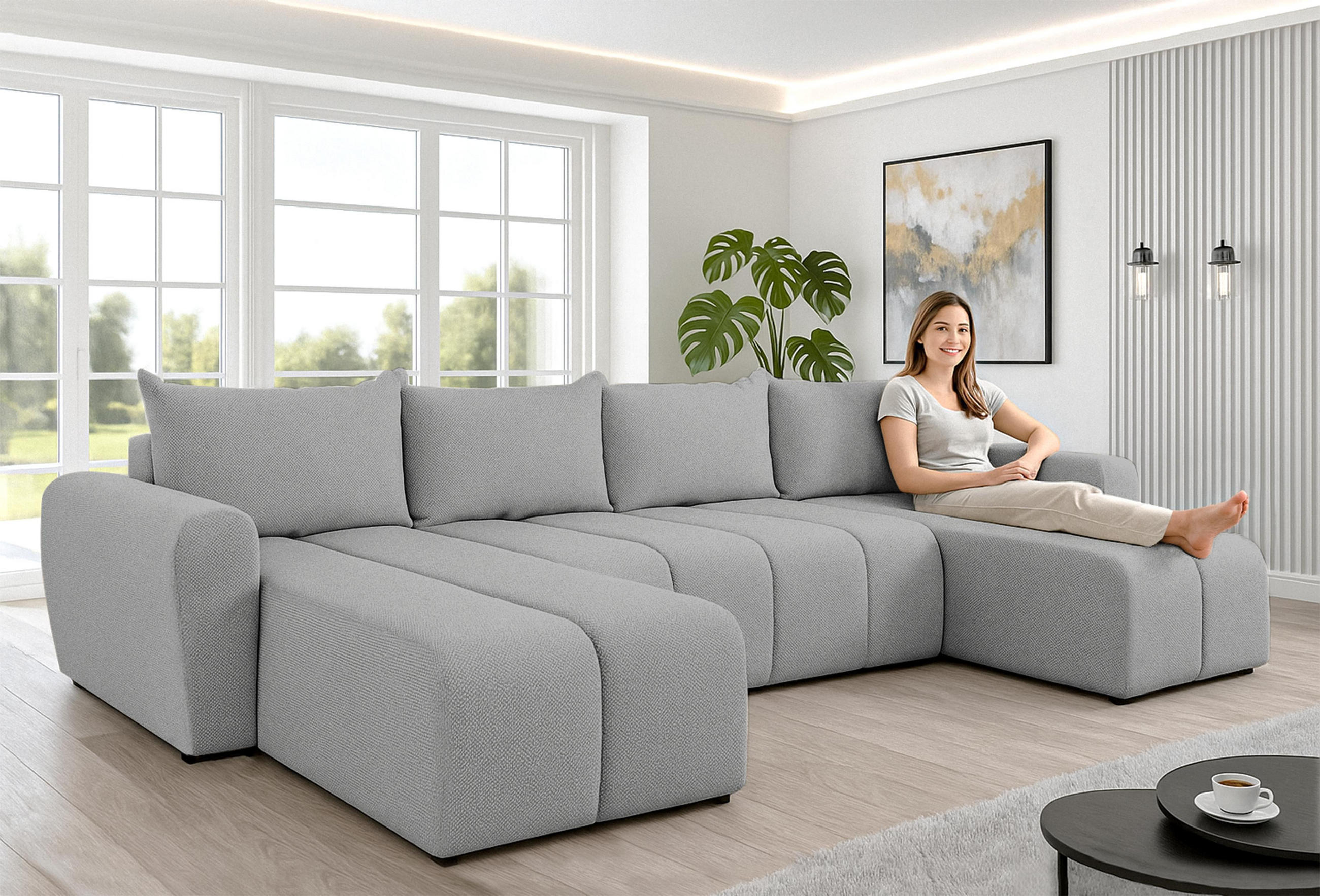WOHNLANDSCHAFT Ferrande Hellgrau 318/149/91 cm mit Bettkasten Schlaffunktion Komfort - Hellgrau/Schwarz, Kunststoff/Textil (318/91/149cm) - AX Living