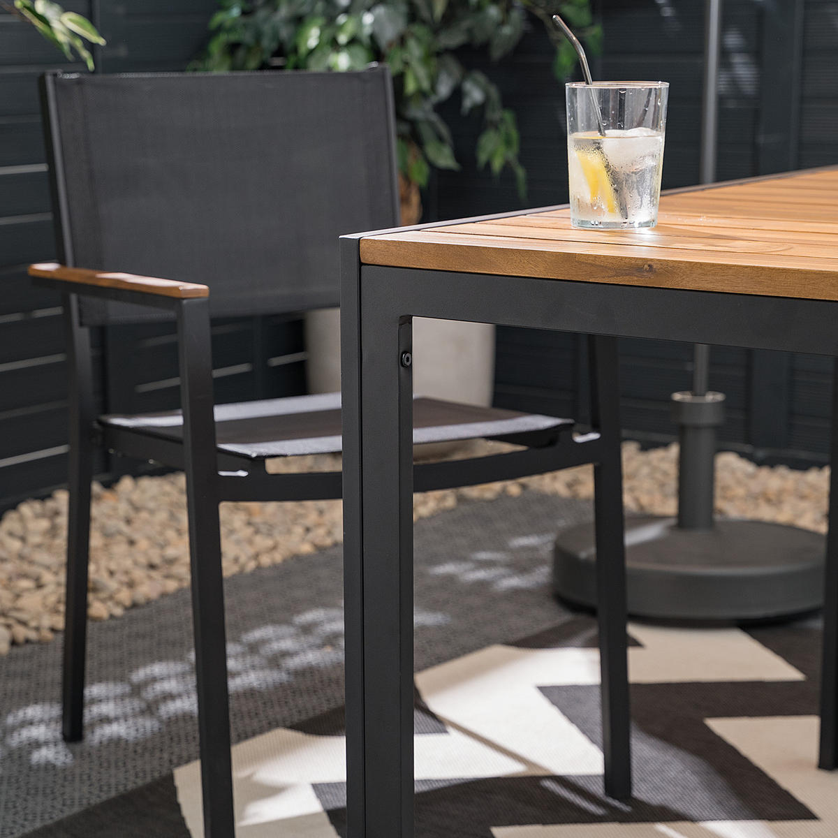 GARTENESSGRUPPE - Akazie massiv / Aluminium - Braun / Schwarz - 3-teilig - Schwarz/Braun, Holz/Textil - home24