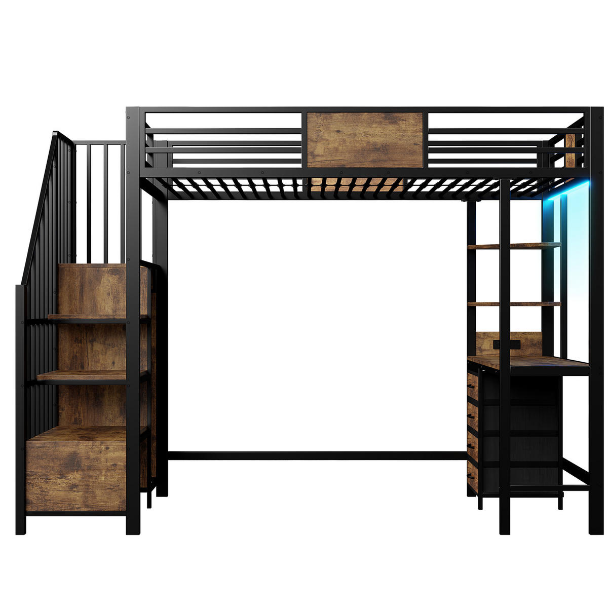 HOCHBETT 90/200 cm aus Metall mit Schreibtisch, Ablagen, Kleiderstange, LED und Steckdose, Schwarz - Schwarz, Metall (90/200cm) - Redom