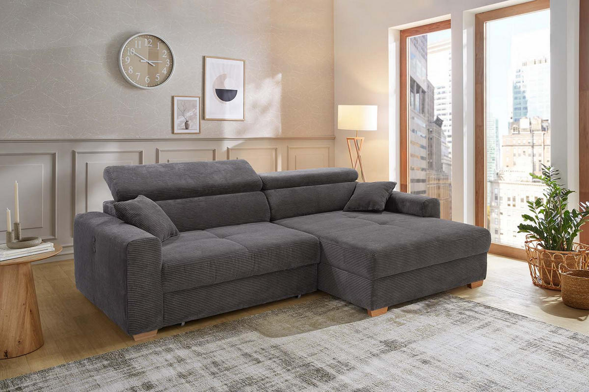 ECKSOFA mit elektrischer Sitztiefenverstellung, Kopflehnen verstellbar, USB-A und USB-C Ladefunktion B277/T187/H109 cm, Cord Grau Anthrazit / 15402 - Schieferfarben/Eichefarben, Eichenholz/Textil (277/187cm) - luma-home