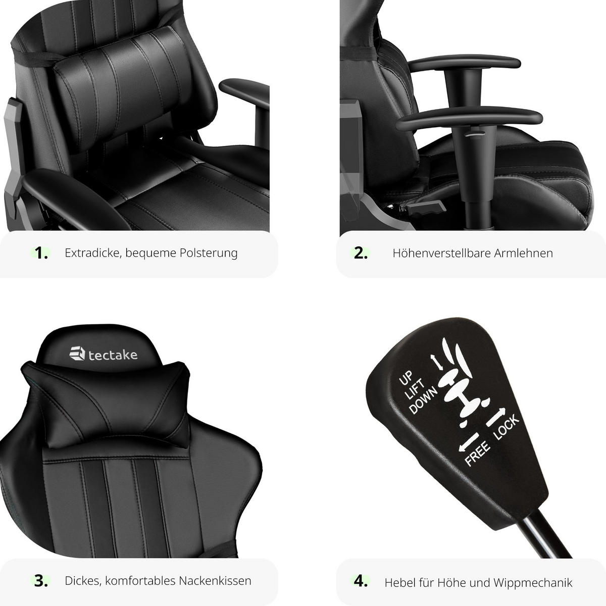 RACING GAMING STUHL ,Belastbarkeit 120 kg,schwarz - Schwarz, Leder (70/135.5/75cm) - tectake