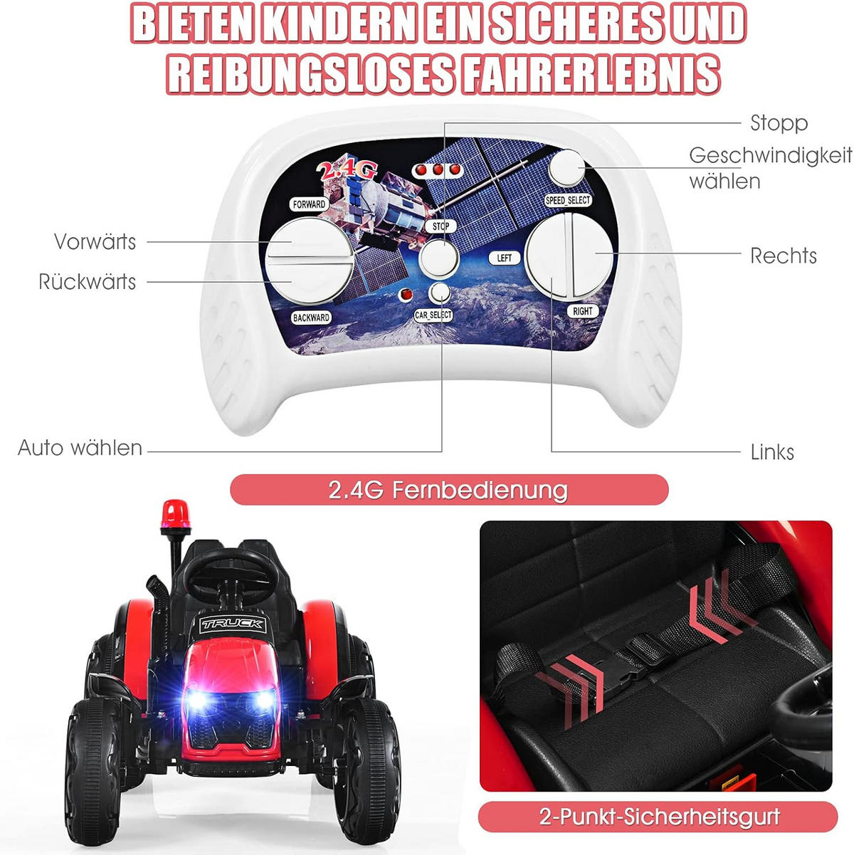 TRAKTOR 12V Rot - Rot, Kunststoff (153/70/72cm) - COSTWAY