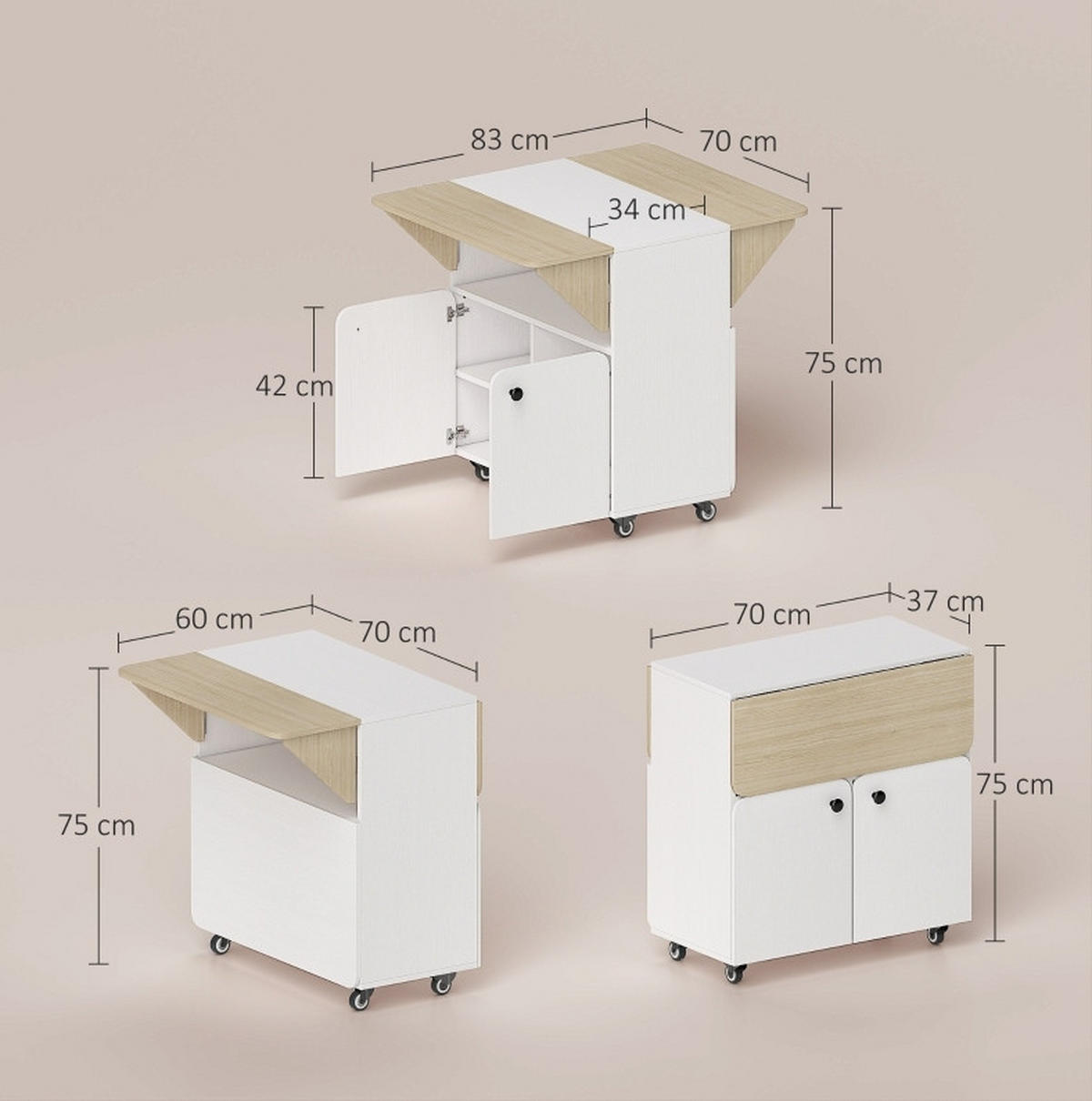 KLAPPTISCH 70/83/75 cm mit 2 Klappseiten, Stauraum und 4 Rollen, Weiß - Weiß, Holz (70/83/75cm) - Redom