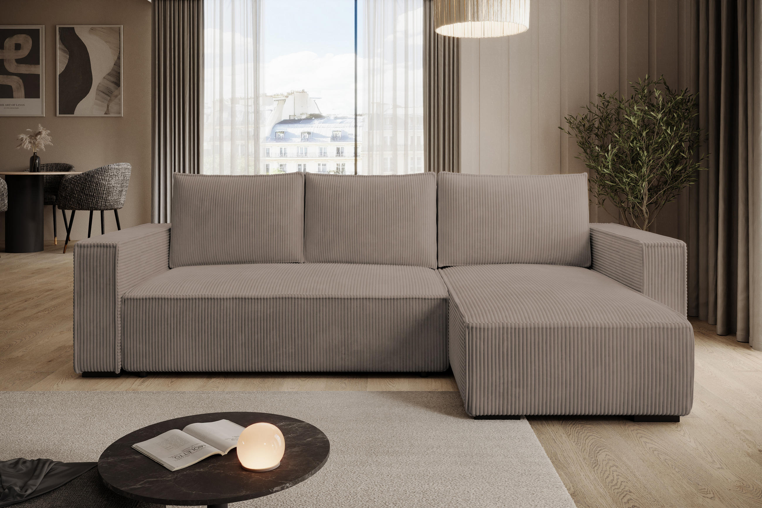 ECKSOFA CUDDY L, Eckcouch in L-Form mit Schlaffunktion und Bettkasten, Farbe: Braun, Cordstoff, Ottomane Rechts - Braun, Textil (240/140cm) - Storez24