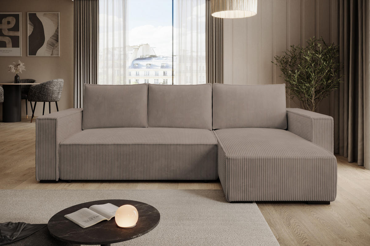 ECKSOFA CUDDY L, Eckcouch in L-Form mit Schlaffunktion und Bettkasten, Farbe: Braun, Cordstoff, Ottomane Rechts - Braun, Textil (240/140cm) - Storez24