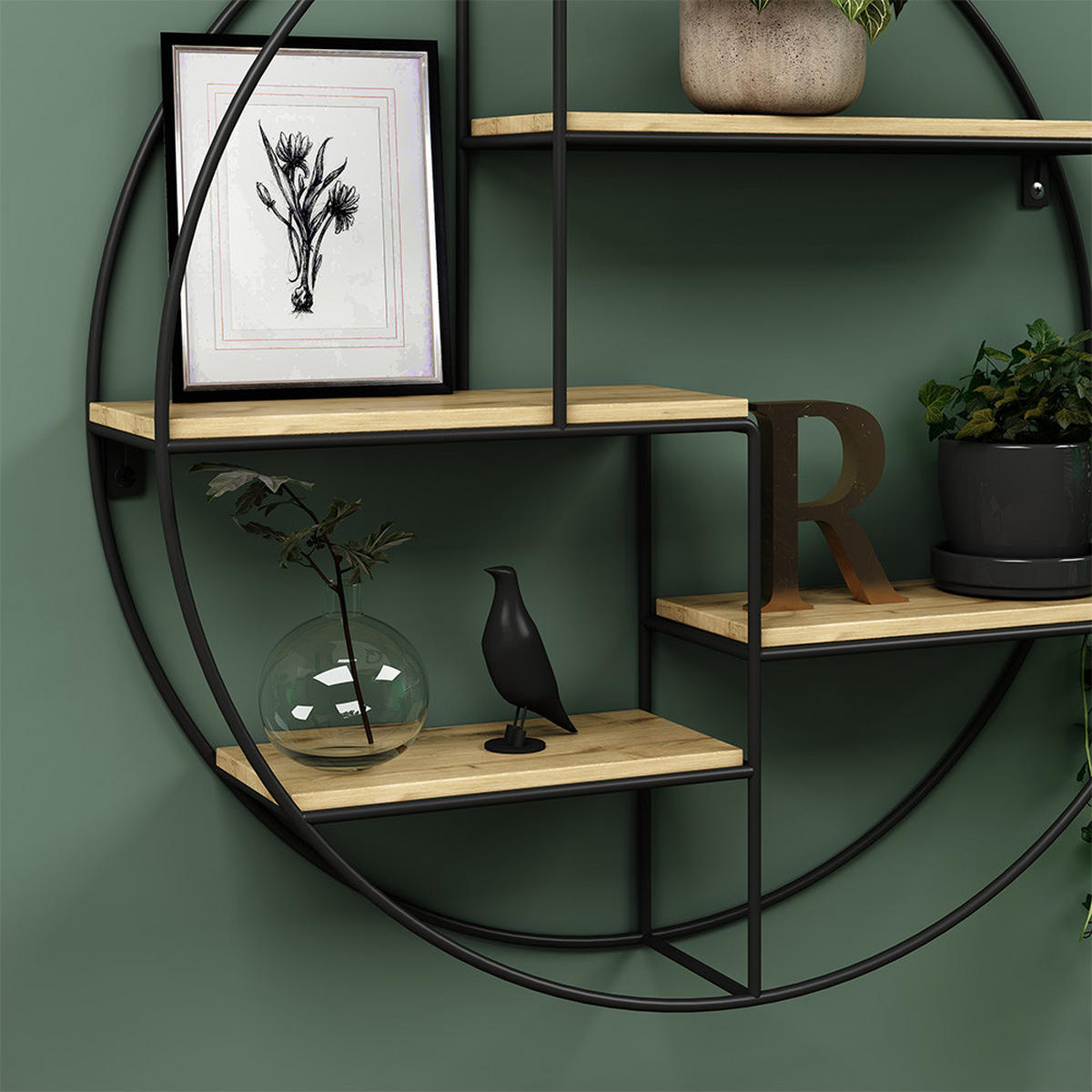 WANDREGAL Fyrk Eiche 55 x 55 cm Rund - Eichefarben/Schwarz, Holzwerkstoff (55/55/11cm) - Vicco
