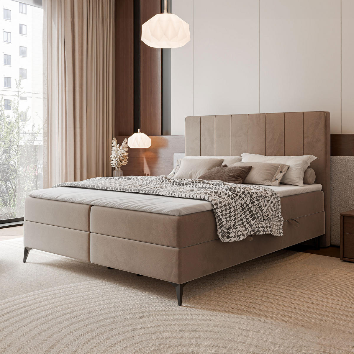 BOXBETT VERA 120x200 cm mit Matratze und Topper, Dichter wasserabweisender Samt Hellbraun - Hellbraun, Textil (120/200cm) - Idohome