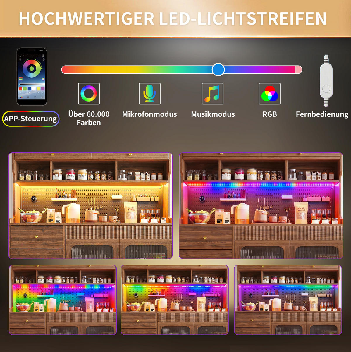 BUFFETSCHRANK 145/39/171 cm aus MDF und Glas mit Lift-up-Tür, RGB-LED-Beleuchtung, App-Steuerung und Lochwand, Walnuss - Walnussfarben, Holzwerkstoff (145/171/39cm) - Redom