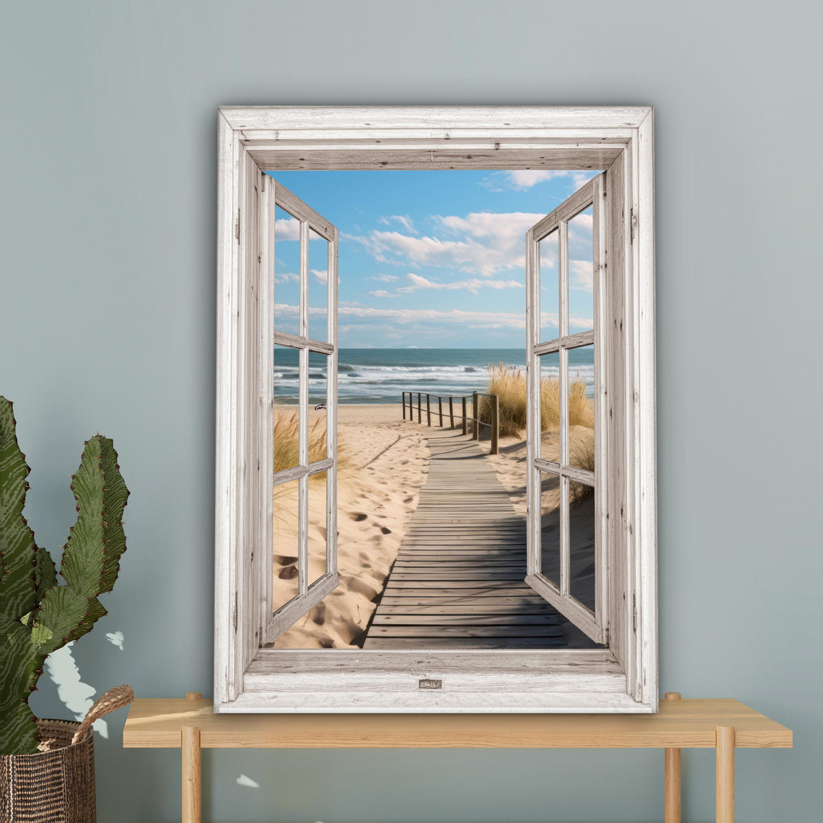 LEINWANDBILD Fenster - Meer - Küste - Natur - Ausblick - Strand - Wattenmeer Wandbild Wohnzimmer 60x80 cm - Beige, Textil (60/80cm) - MuchoWow