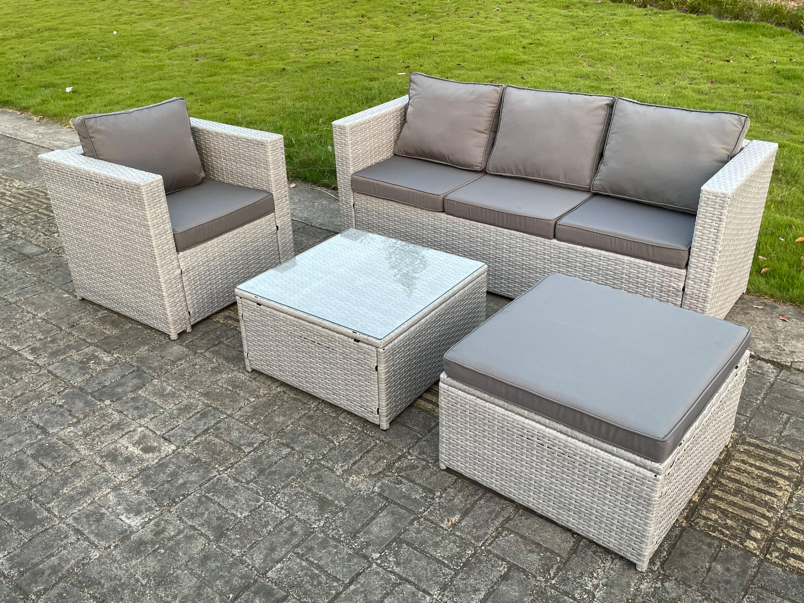 Thumbnail - Fimous Gartensofa, Hellgrau, Metall, 5-Sitzer, quadratisch, Loungemöbel, Loungemöbel-Sets