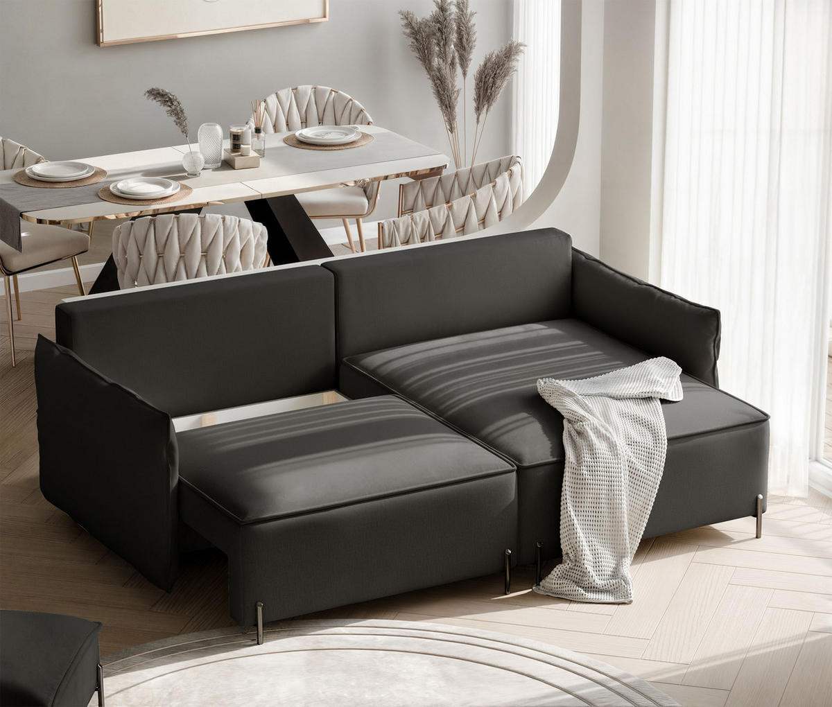 ECKSOFA MARCO Rechts, mit Schlaffunktion und Bettkasten, Anthrazit - Anthrazit, Textil/Metall (221/148cm) - Idohome