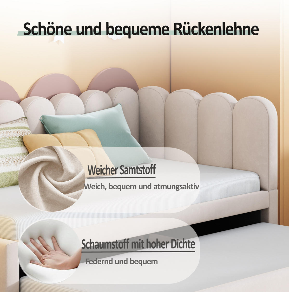 POLSTERBETT 90/200 cm aus Samt mit Ausziehbett, Beige - Beige, Textil (90/200cm) - OKMYHOME