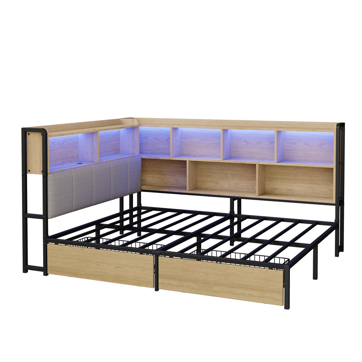 DAYBETT Natur 140x200 LED USB Type-C Schubladen Stauraum - Naturfarben, Metall (140/200cm) - FLIEKS