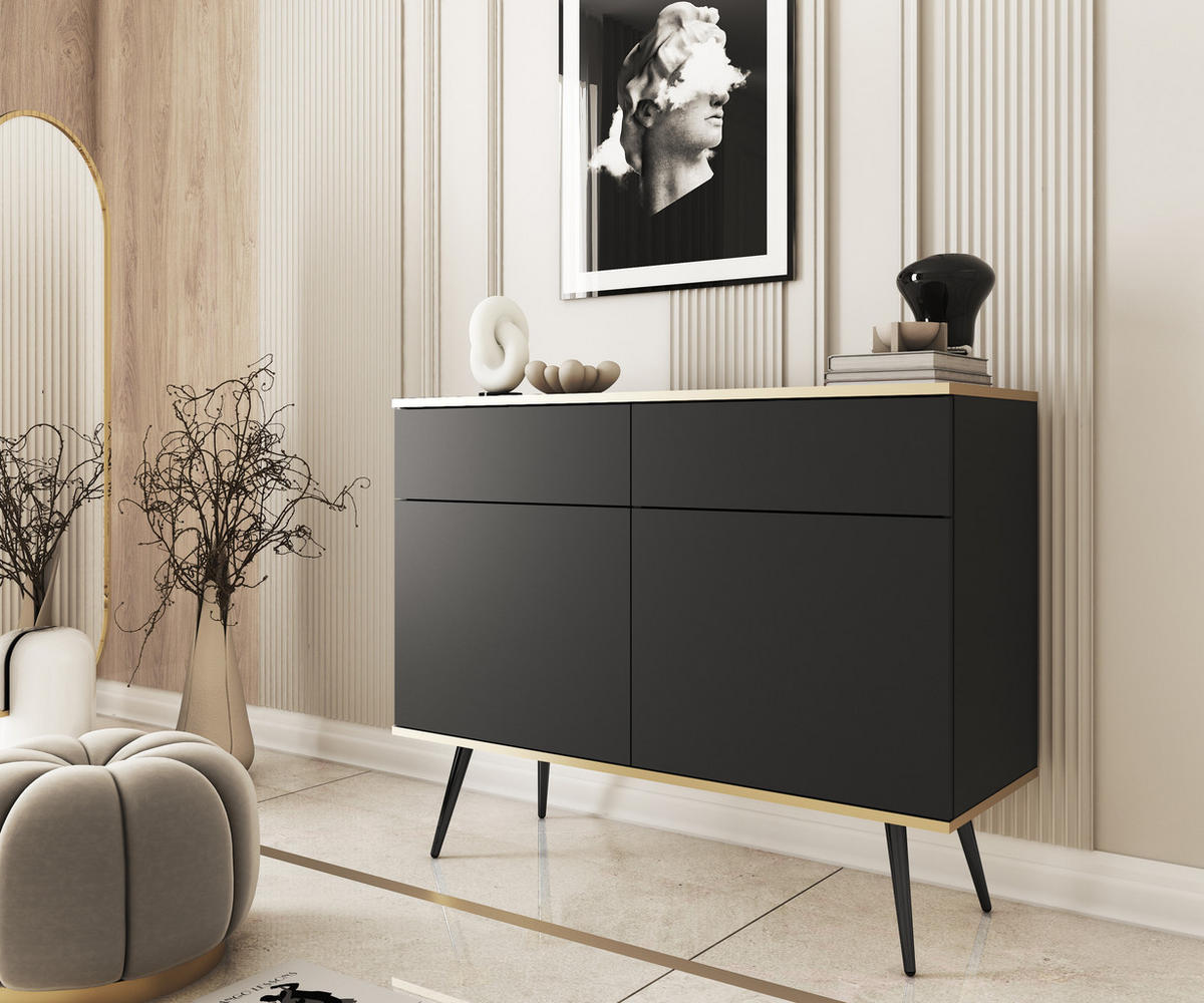 KOMMODE KSZ-107 - KSZ-107, Hochglanz, Schubladen Push-to-Open 107x39x85 cm Schwarz/Schwarz - Schwarz, Holzwerkstoff/Kunststoff (107/85/39cm) - DomoHome