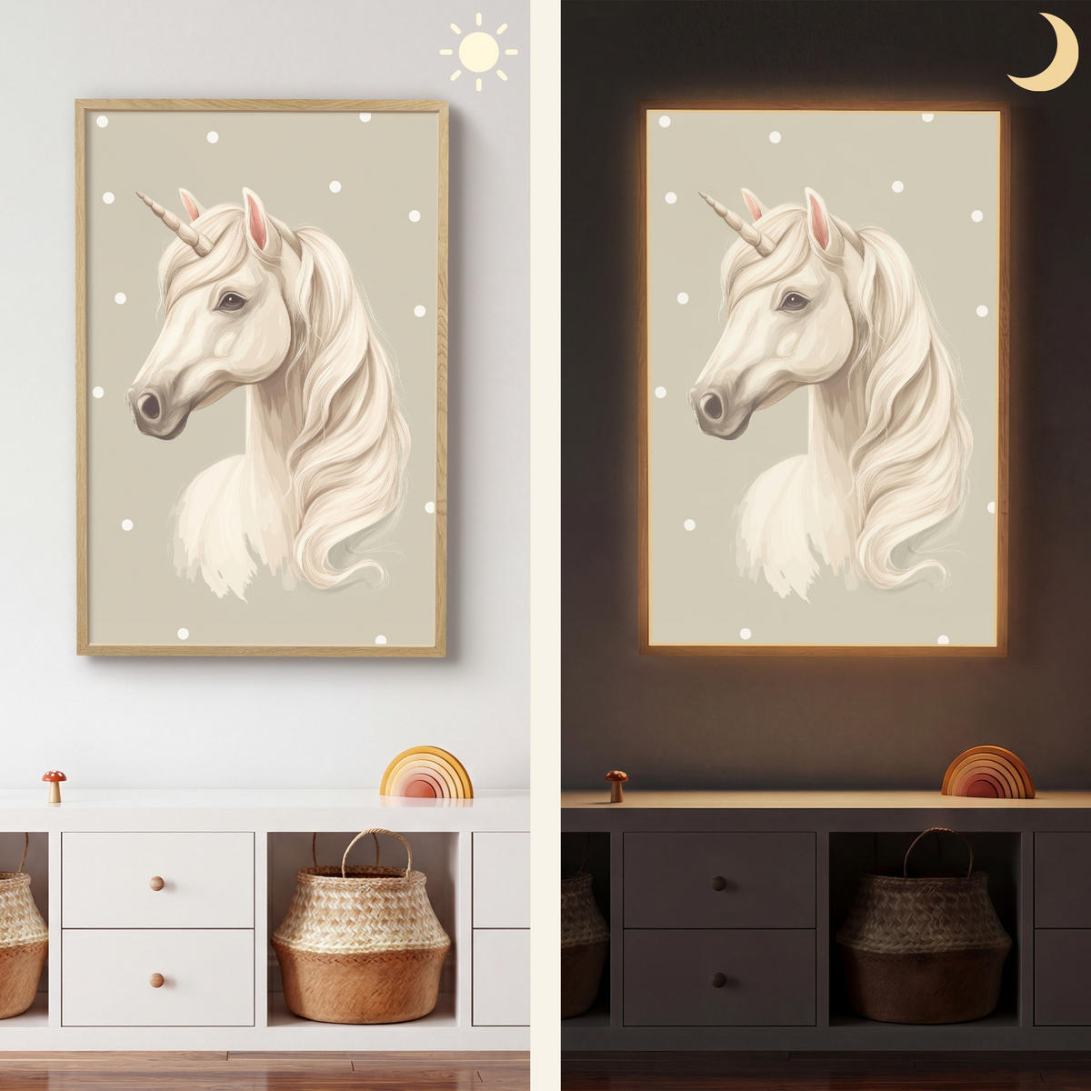 NÁSTĚNNÁ LAMPA S AKUMULÁTOREM Jednorožec - bílý - tečky 60x90 cm - šedohnědá, kompozitní dřevo (60/90/8cm) - OnlyWow