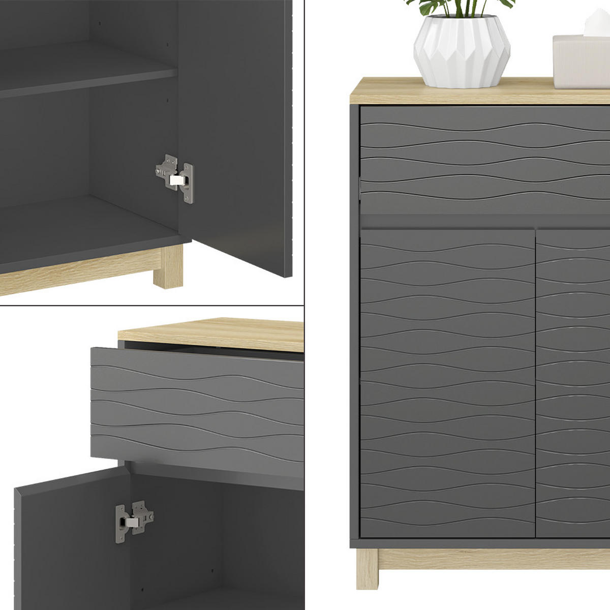 MIDISCHRANK Livia Anthrazit 60 x 80 cm mit Schublade - Anthrazit/Naturfarben, Holzwerkstoff (60/80/30cm) - Vicco