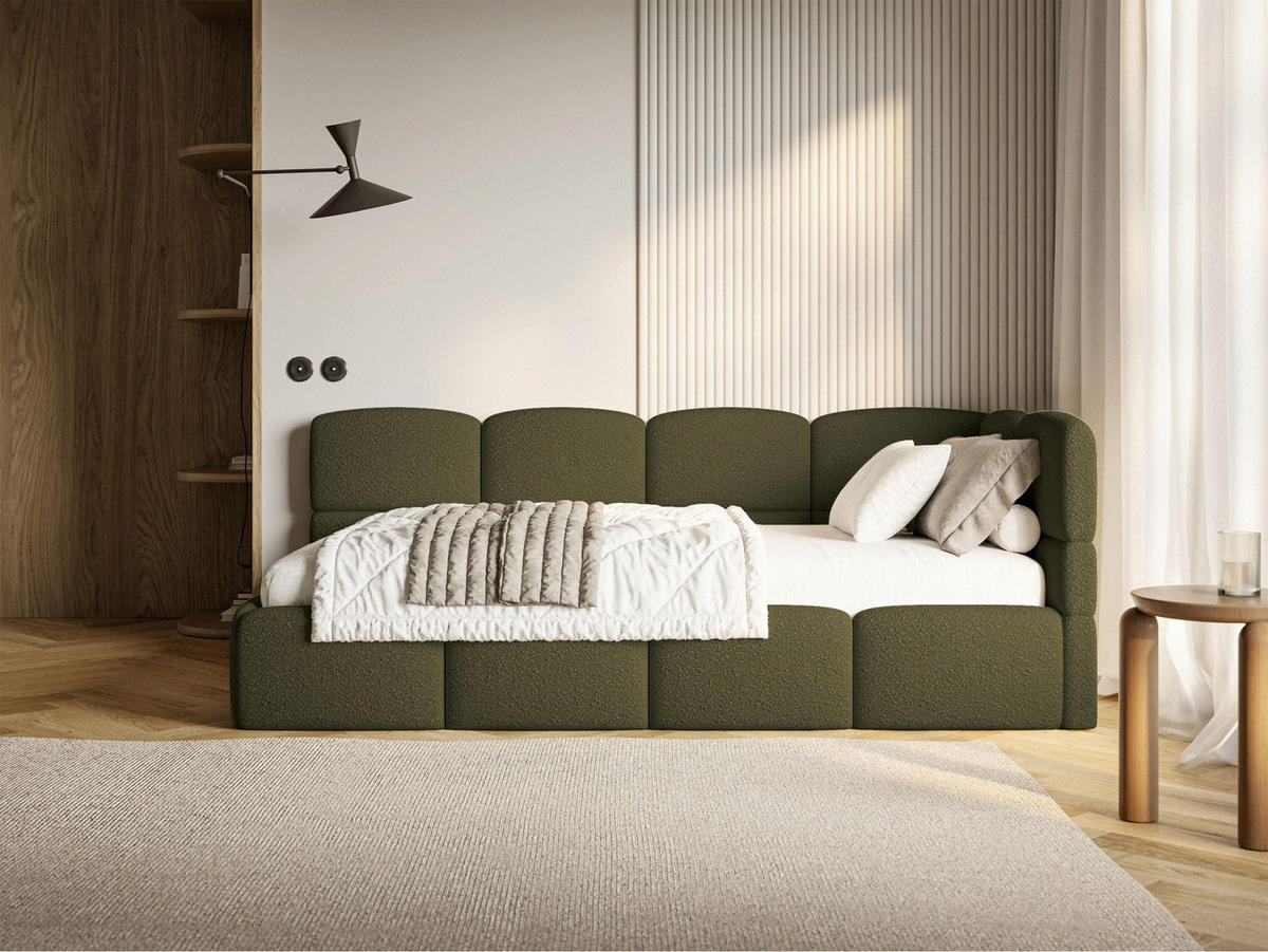 JUGENDBETT Cloudy rechts mit Matratze Bouclé Olivgrün - Olivgrün, Kunststoff/Textil (90/200cm) - Selsey