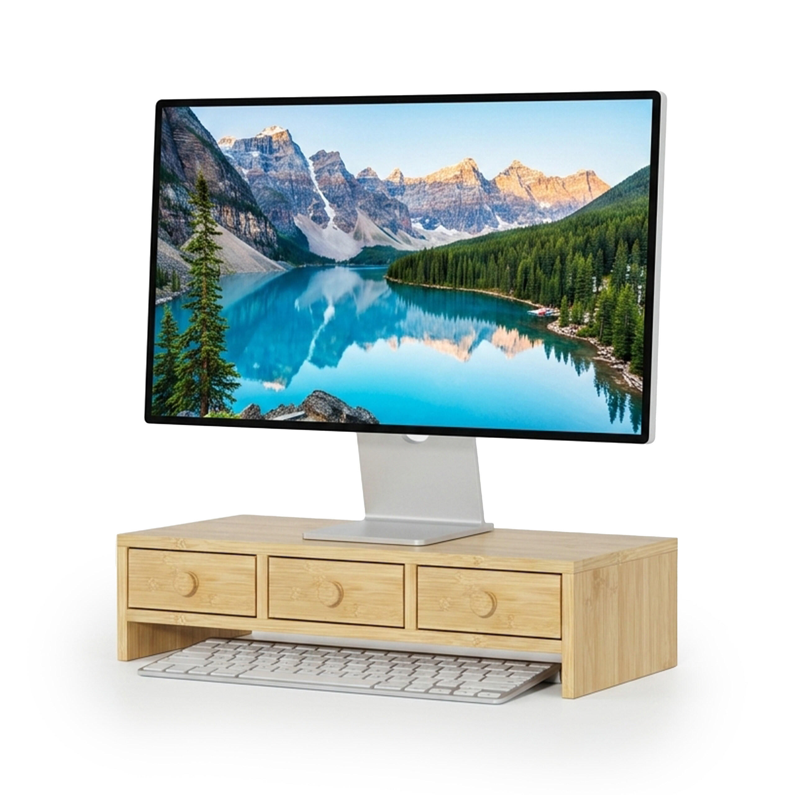 MONITORSTÄNDER Holzoptik MDF 3 Schubladen - Hellbraun, Holzwerkstoff (24/51/12.5cm) - Relaxdays