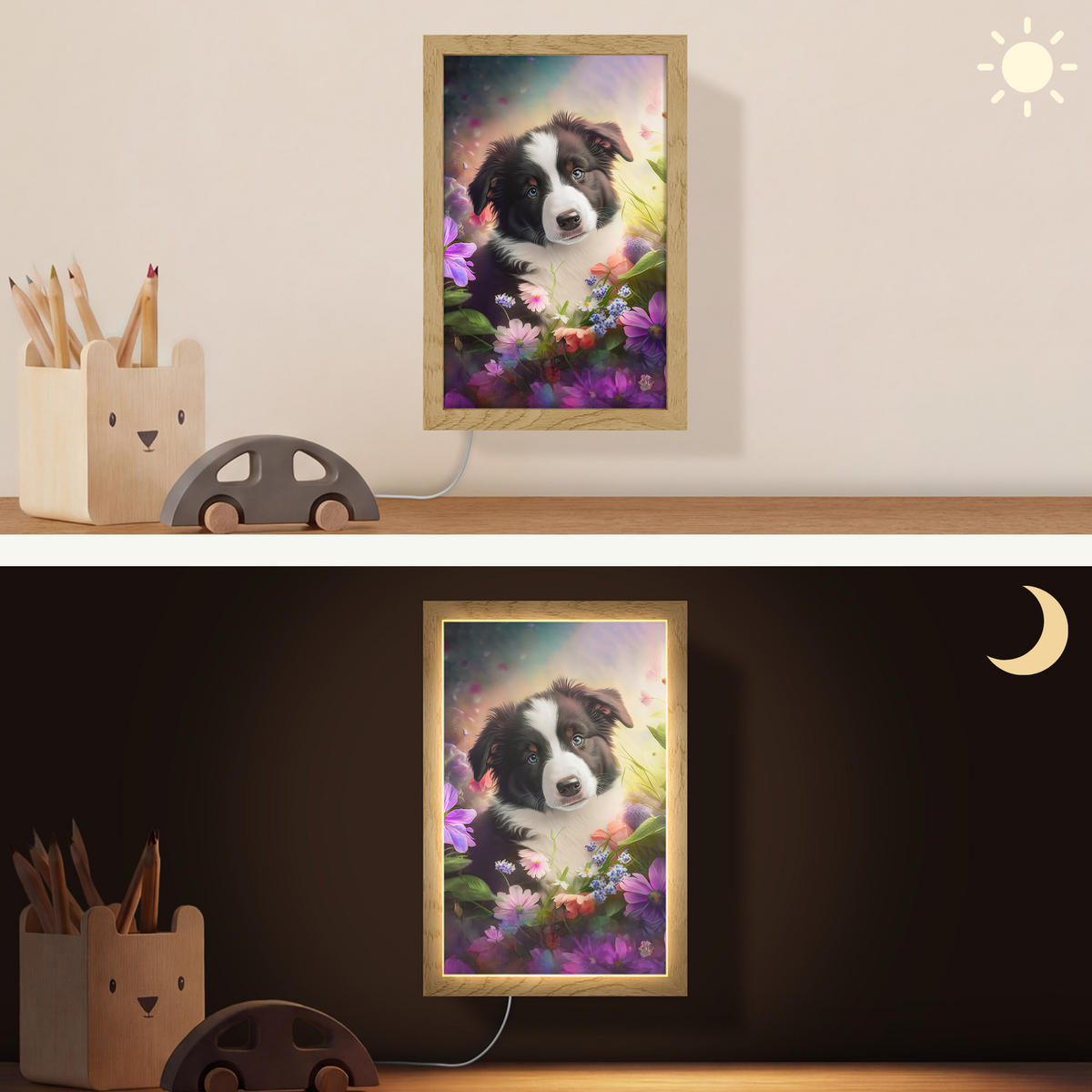 NÁSTĚNNÁ LAMPA Štěně - Slunce - Květiny - Příroda - Border kolie - Pes 20x30 cm - fialová, kompozitní dřevo (20/30/8cm) - OnlyWow