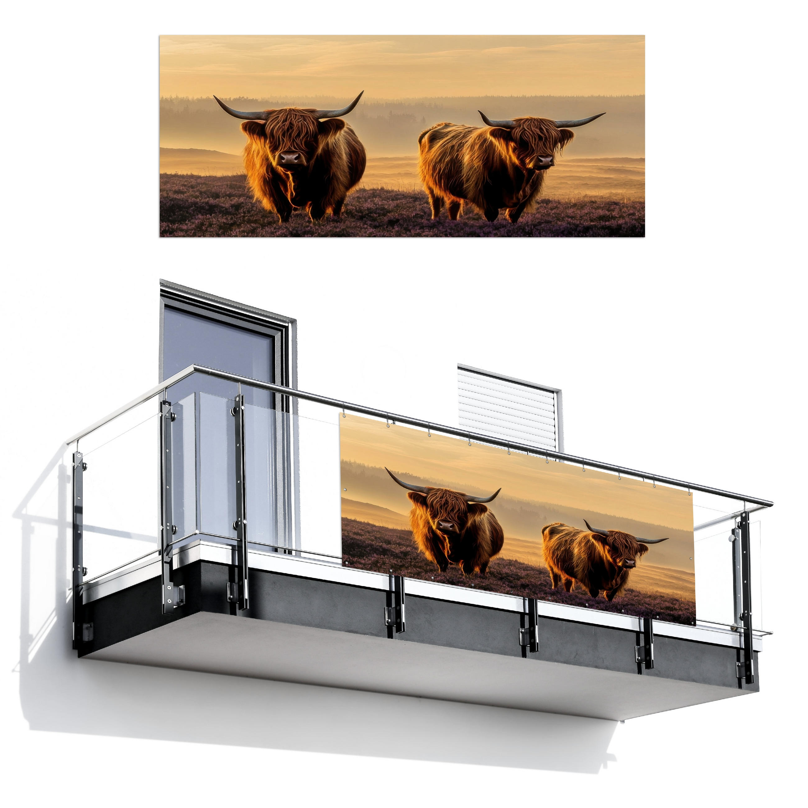 BALKON-SICHTSCHUTZ Schottische Hochlandbewohner - Heide - Landschaft - Tiere - Cognac, Kunststoff (300/120cm) - MuchoWow