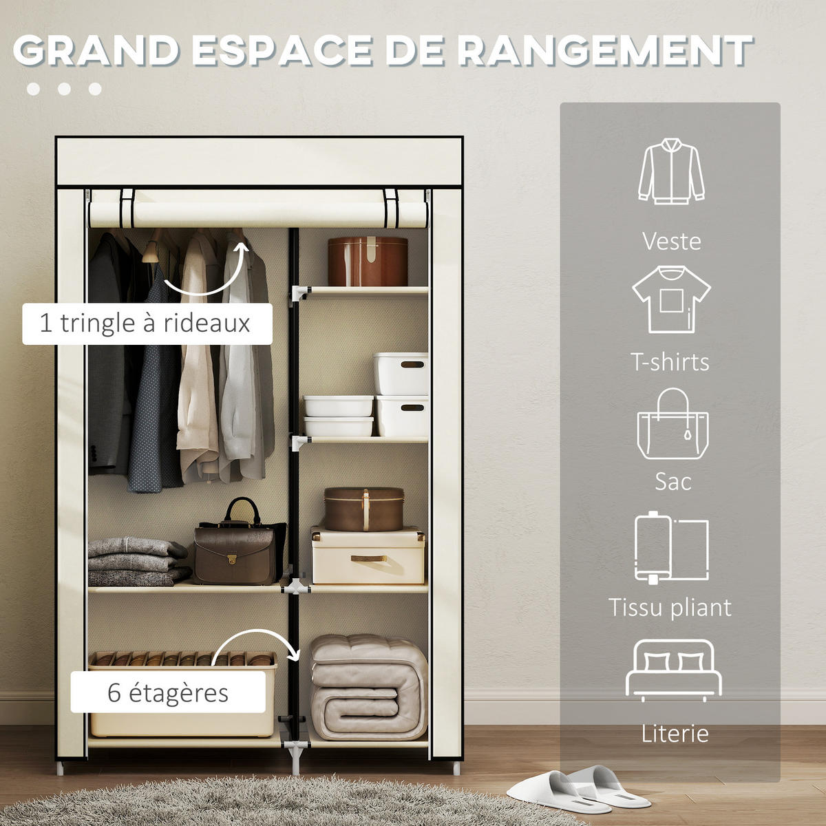 STOFFSCHRANK DE-17215 1 Kleiderstange, 6 Böden Creme - Creme, Metall (43/162.5/103cm) - ComfortXL