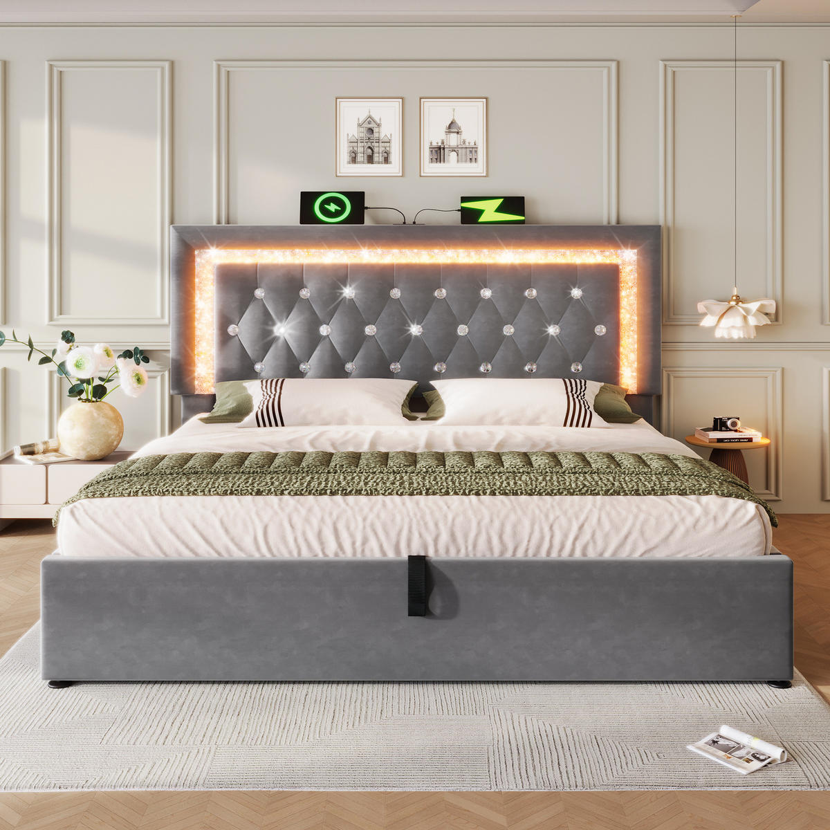 BETT mit Bettkasten, LED & USB 160x200 cm Samt Grau mit Matratze - Grau, Metall (160/200cm) - Meubliv