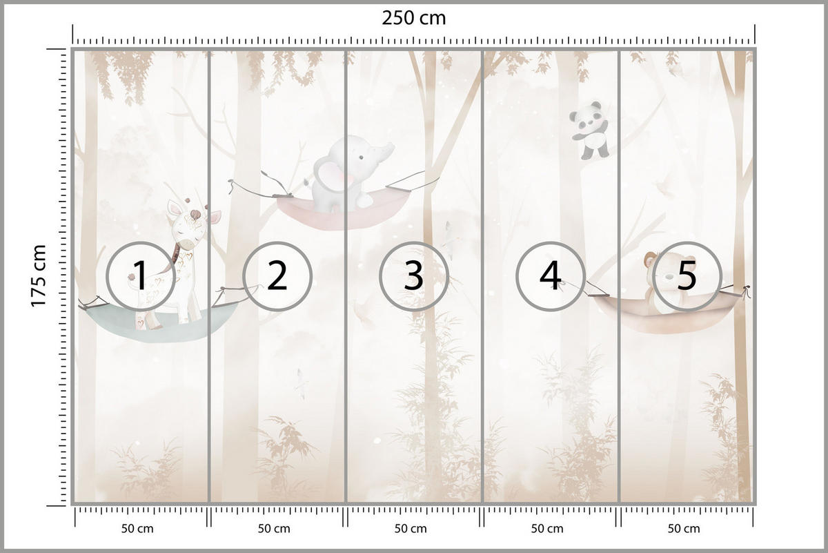 FOTOTAPETE für Kinderzimmer Tiere Hängematten WALD Elefant Giraffe 250x175 - Beige/Schwarz, Papier (250/175cm) - Muralo