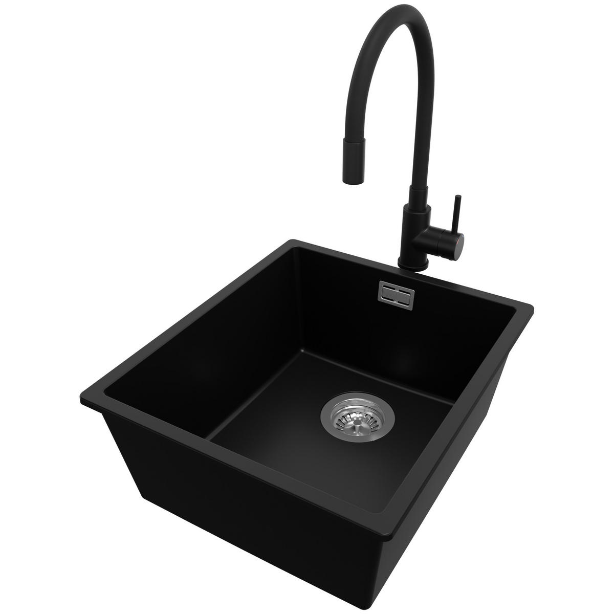 GRANITSPÜLE London Slim, 2-er set Schwarz 41/47 cm 1 Becken + Küchenarmatur 40/38 cm + Ablauf-Set ab 45er Unterschrank - Chromfarben/Schwarz, Kunststoff (41/20/47cm) - Primagran