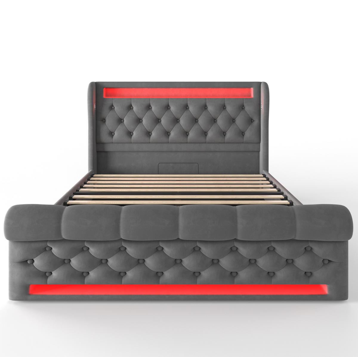 BETT mit LED, USB und Stauraum 140x200 cm Samt Grau - Grau, Metall (140/200cm) - Meubliv