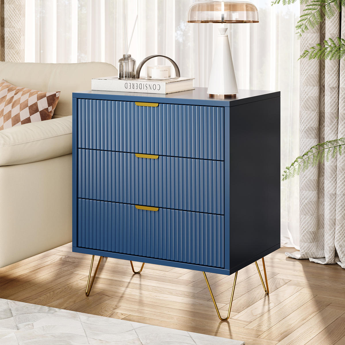 KOMMODE Dunkelblau mit 3 Schubladen & goldenen Metallfüßen - Dunkelblau, Holzwerkstoff (40/70/60cm) - SHOPENTRA
