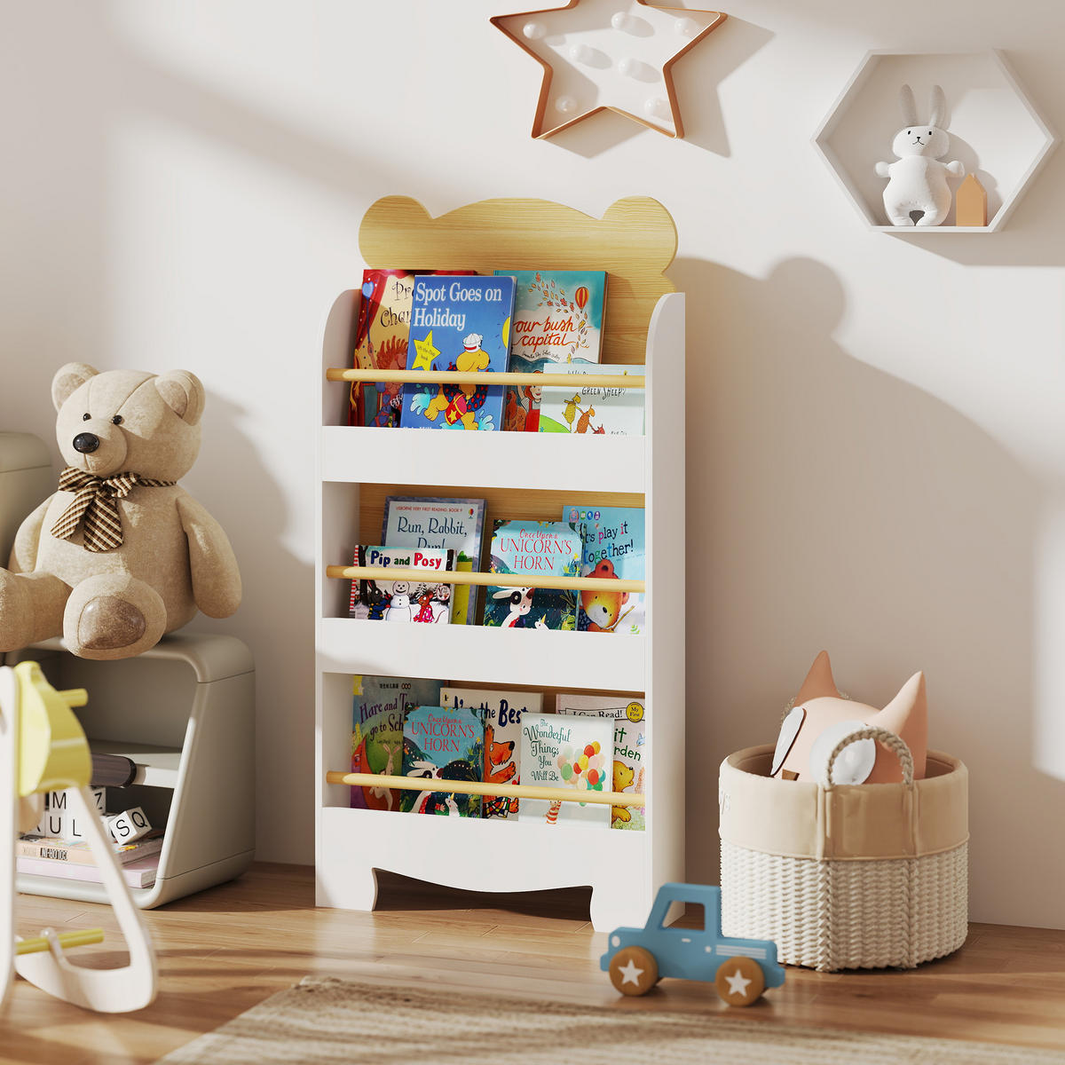 BÜCHERREGAL für Kinder Kinderregal mit 3 Ablagen Aufbewahrungsregal aus Holz - Braun, Holzwerkstoff (15/110/55cm) - AIYAPLAY