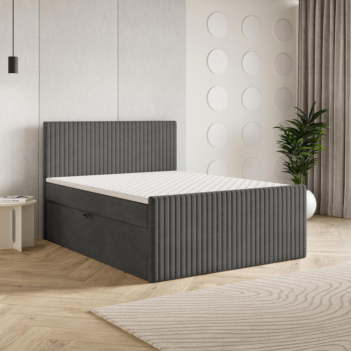 BOXBETT TERVAN 140x200 cm mit Matratze und Topper - Grau - Grau, Holz (140/200cm) - MASSENO