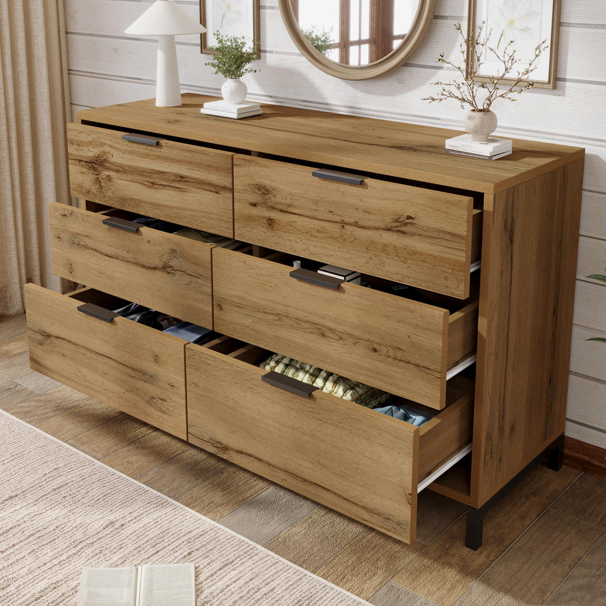 SIDEBOARD 120x40x76 cm Dunkle Eiche mit 6 Schubladen - Alteiche, Holzwerkstoff (120/76/40cm) - FLIEKS