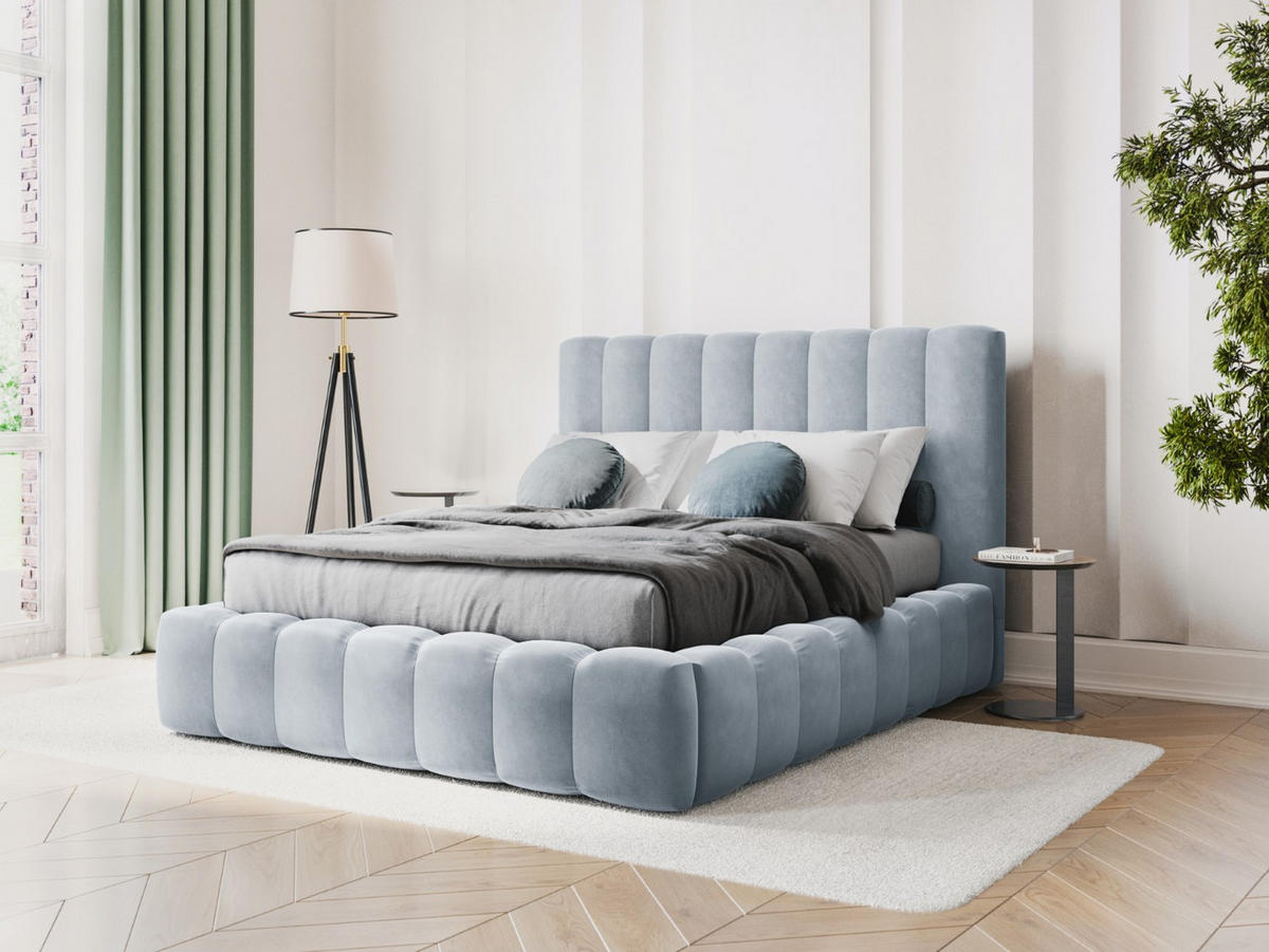 BETT mit Bettkasten und Kopfteil Kelp aus Samt hellblau 200x200cm - Hellblau, Textil (200/200cm) - Micadoni