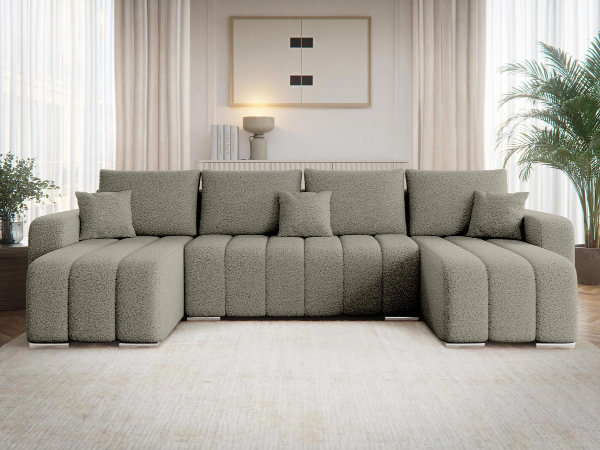 WOHNLANDSCHAFT Pufetto U Boucle - Greige/Silberfarben, Holz/Textil (313/86/147cm) - MIRJAN24