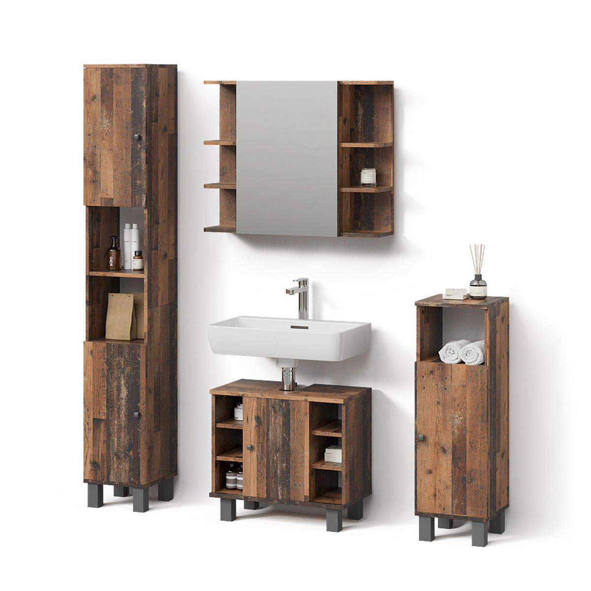 BADMÖBEL-SET Fucino Eiche rustikal 4 Teile - Wildeiche, Holzwerkstoff (60/54/32cm) - Livinity®