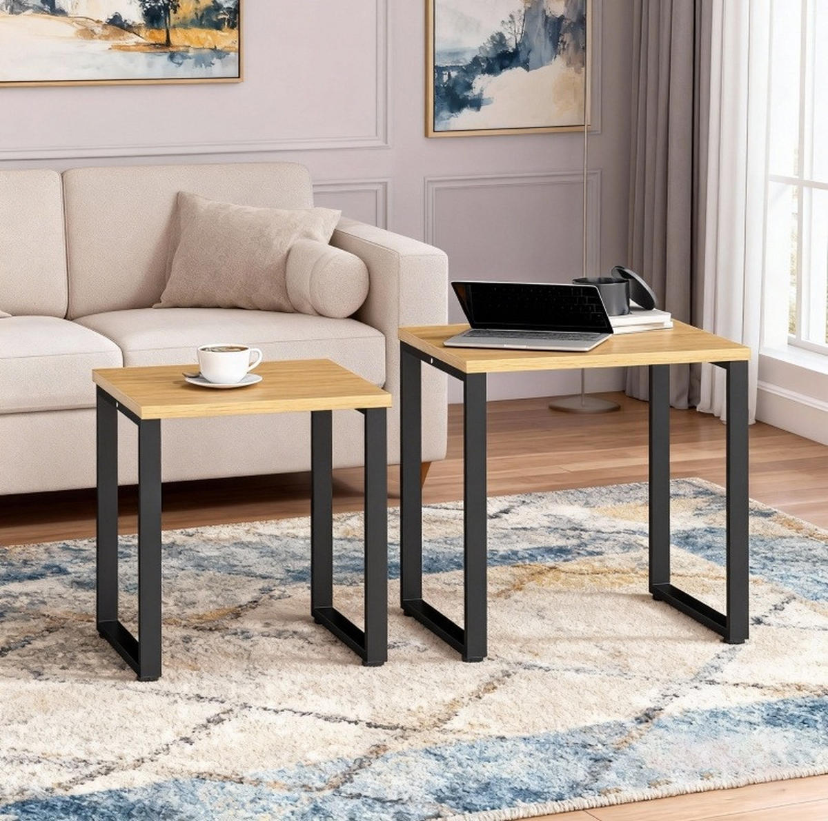 COUCHTISCH-SET 60/50/60 cm stapelbar mit Metallgestell und Holzoptik, Natur - Naturfarben, Holzwerkstoff (60/50/60cm) - Redom