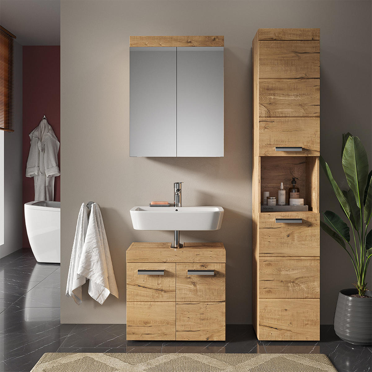 BADMÖBEL-SET Luna Eiche Wotan 3 Teile, mit Hochschrank - Eiche Wotan, Holzwerkstoff (60/56/34cm) - Vicco