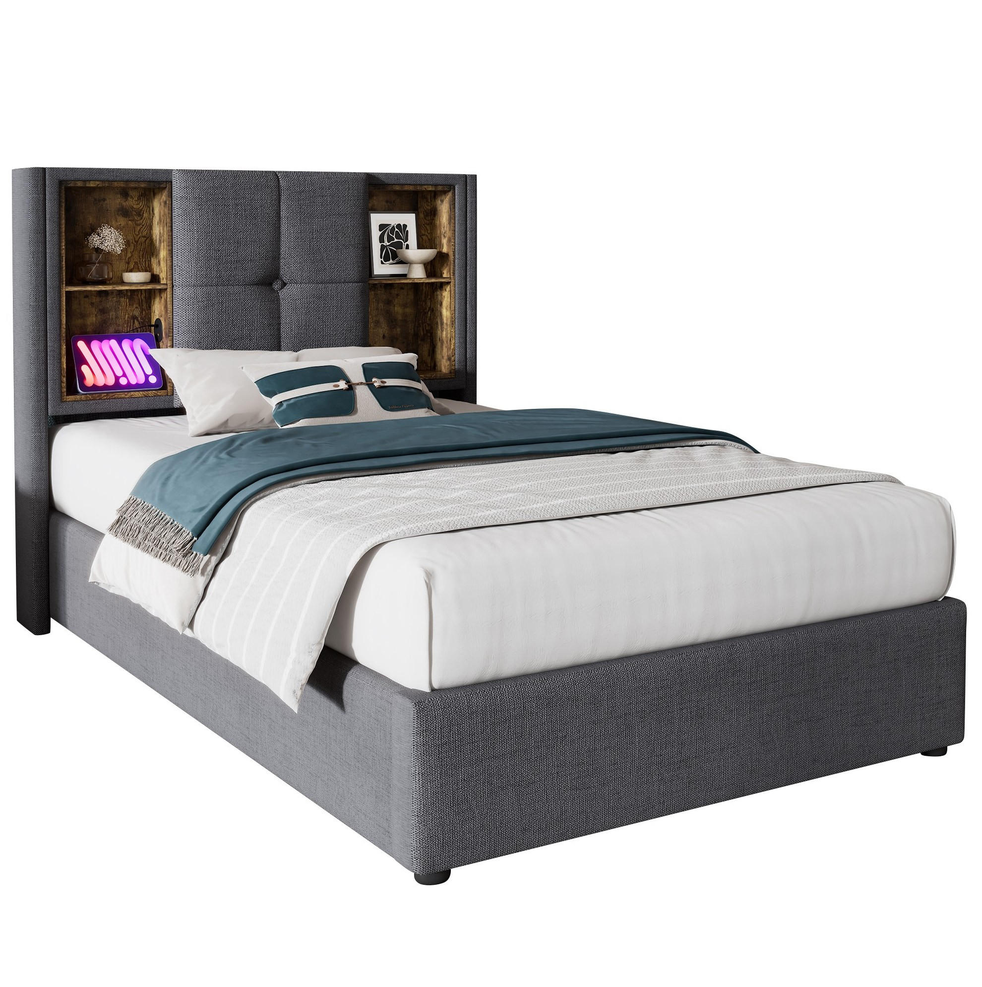 POLSTERBETT 90/200 cm Grau mit Stauraum, USB- und Type-C-Anschlüssen - Grau, Textil (90/200cm) - Flora Grace