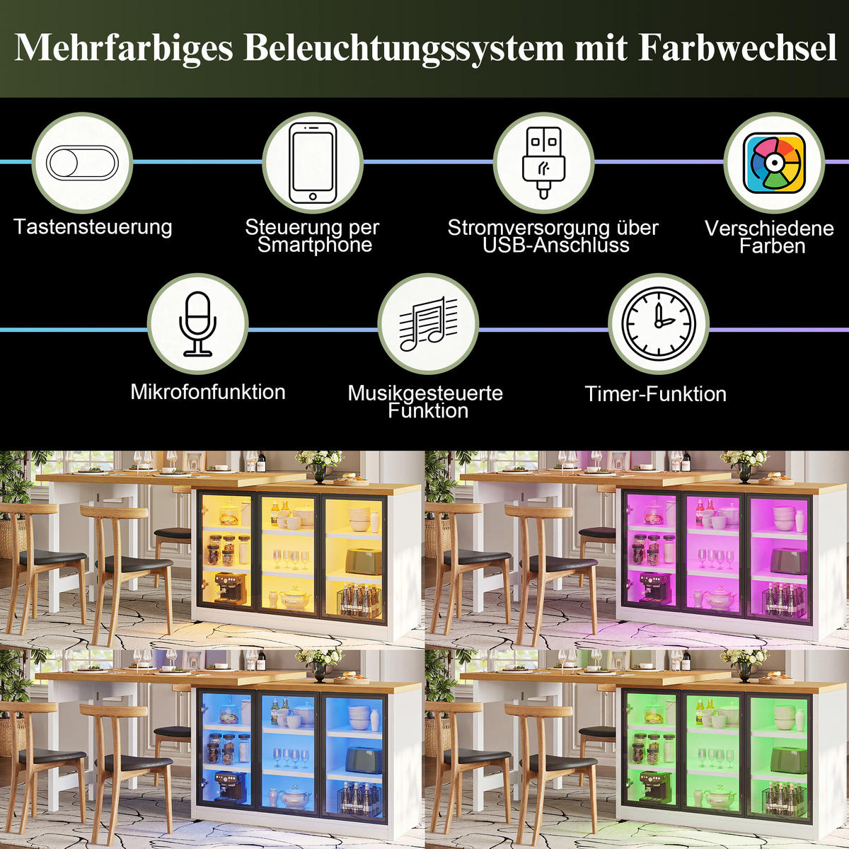 KÜCHENINSEL 360° Drehbar LED Stauraum Weiß - Weiß, Glas (120/72/40cm) - FLIEKS