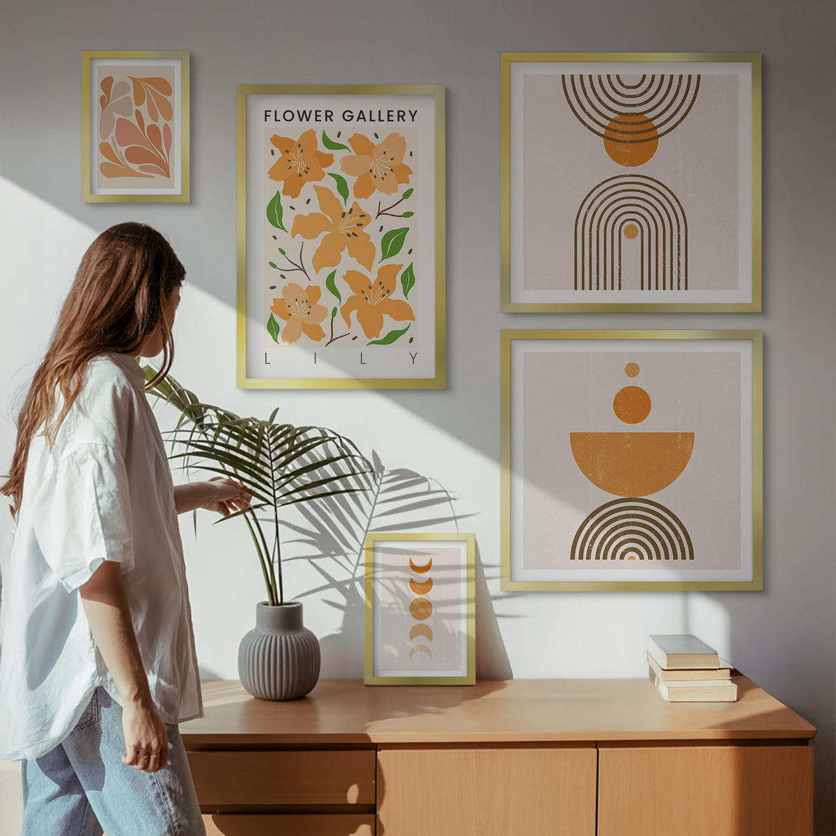 BILDER SET 5er Set - 50x50 cm & 20x30 cm & 40x60 cm Goldrahmen - Abstrakte orange Formen - Goldfarben, Kunststoff (40/60cm) - TULUP