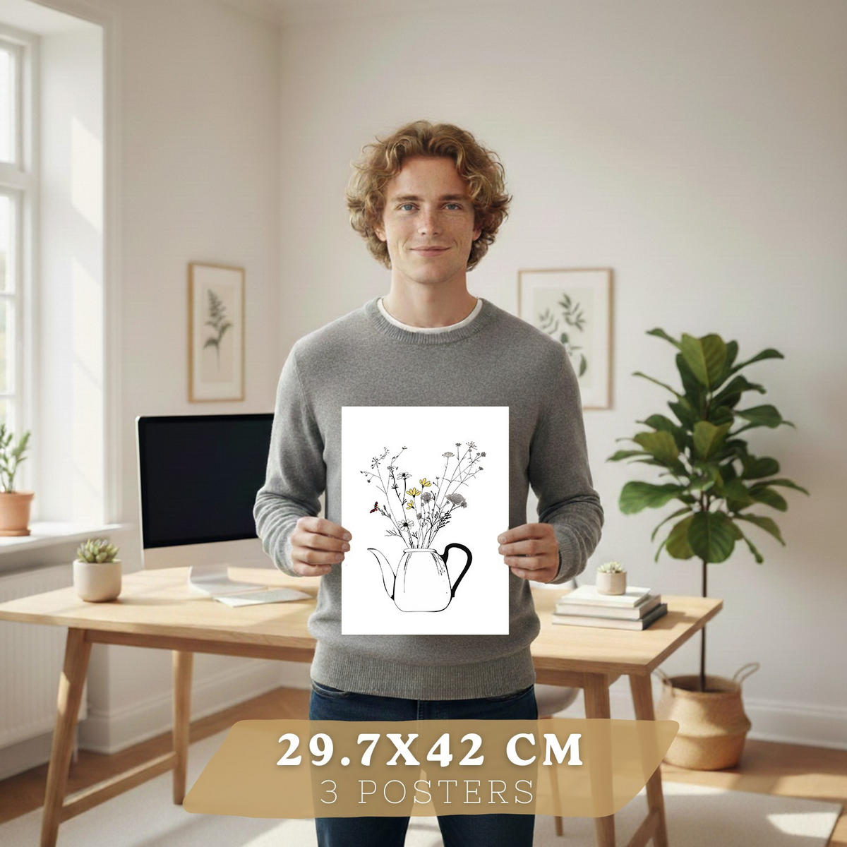 PLAKAT Sada 3 Kávovar a šálky A3 Černý rám - černá, papír (29.7/1/42cm) - Nacnic