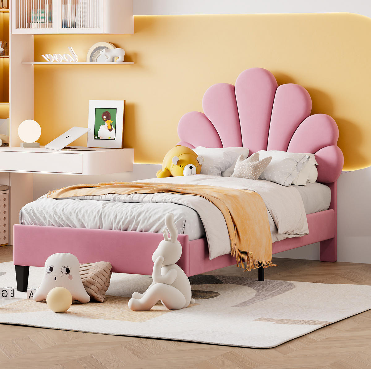 POLSTERBETT 90x200 cm Rosa mit Samt-Kopfteil in Blumenform und Lattenrost - Rosa, Textil (90/200cm) - IVMEU