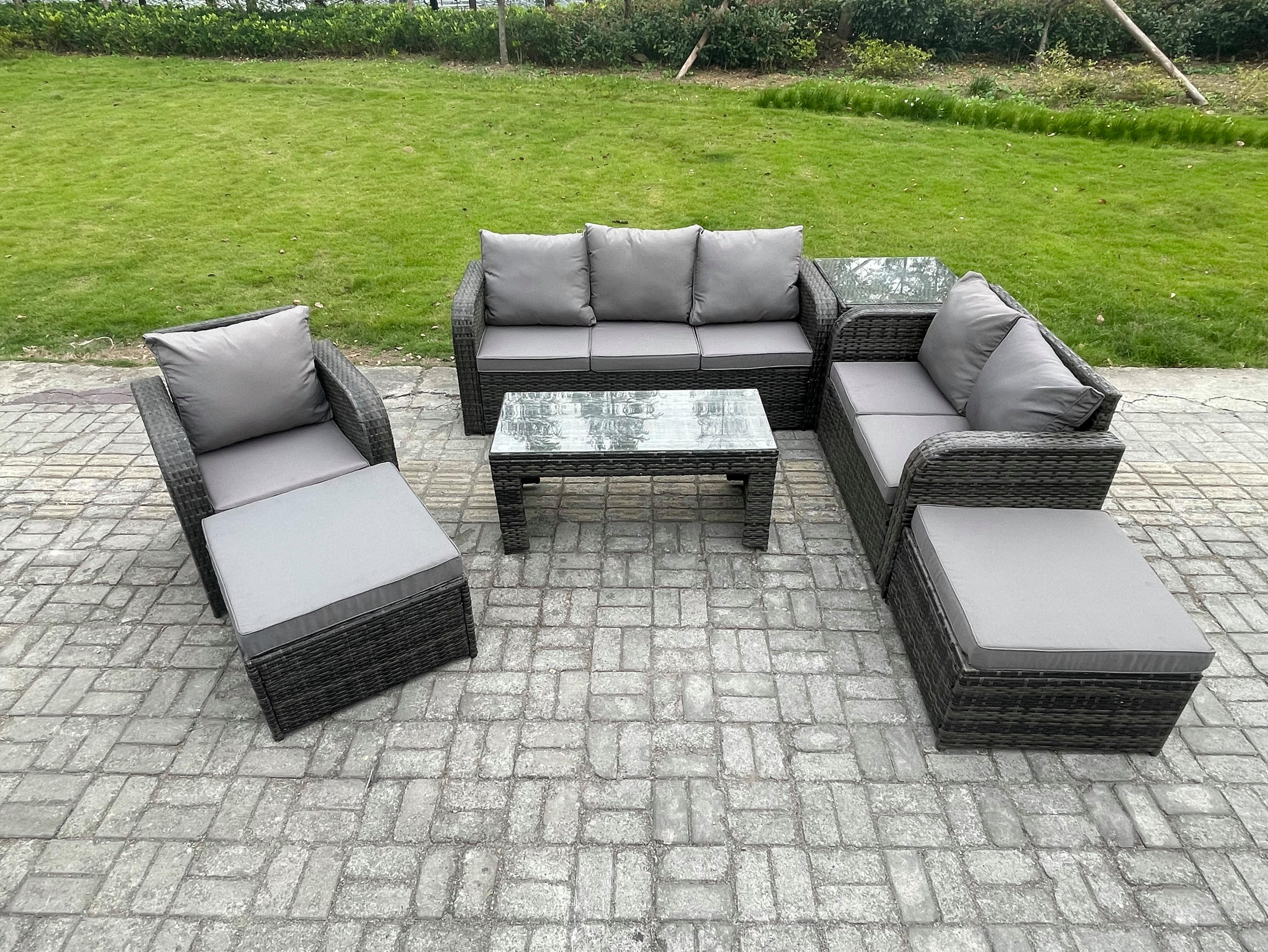 GARTENSOFA SET mit rechteckigem COUCHTISCH Polyrattan 8-Sitzer Dunkelgrau - Dunkelgrau/Grau, Glas/Kunststoff - Fimous