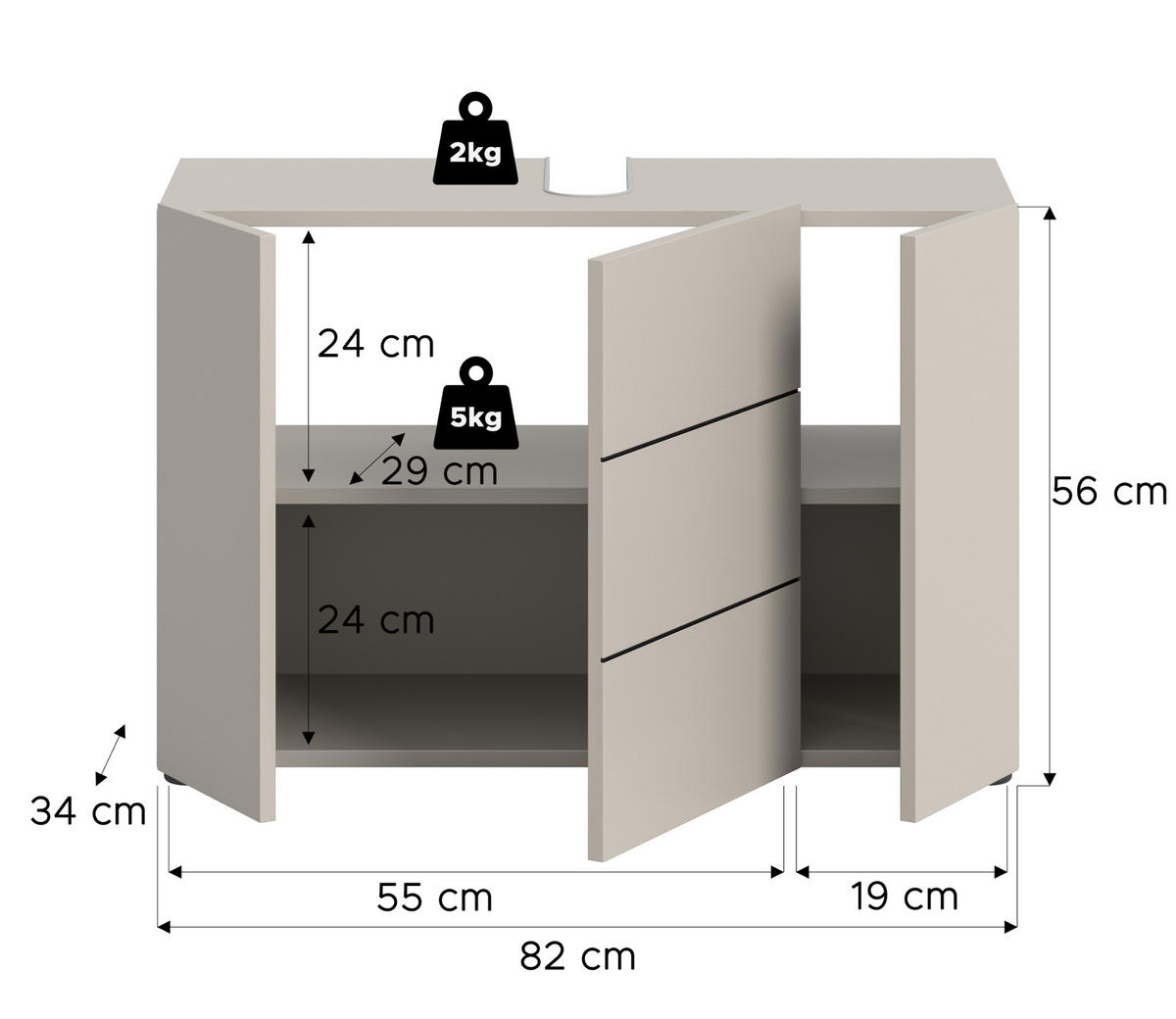 WASCHBECKENUNTERSCHRANK Kaschmir, Badezimmer Unterschrank 82 x 56 cm - Kaschmir/Schwarz, Holzwerkstoff/Kunststoff (82/56/34cm) - Inn.Furn